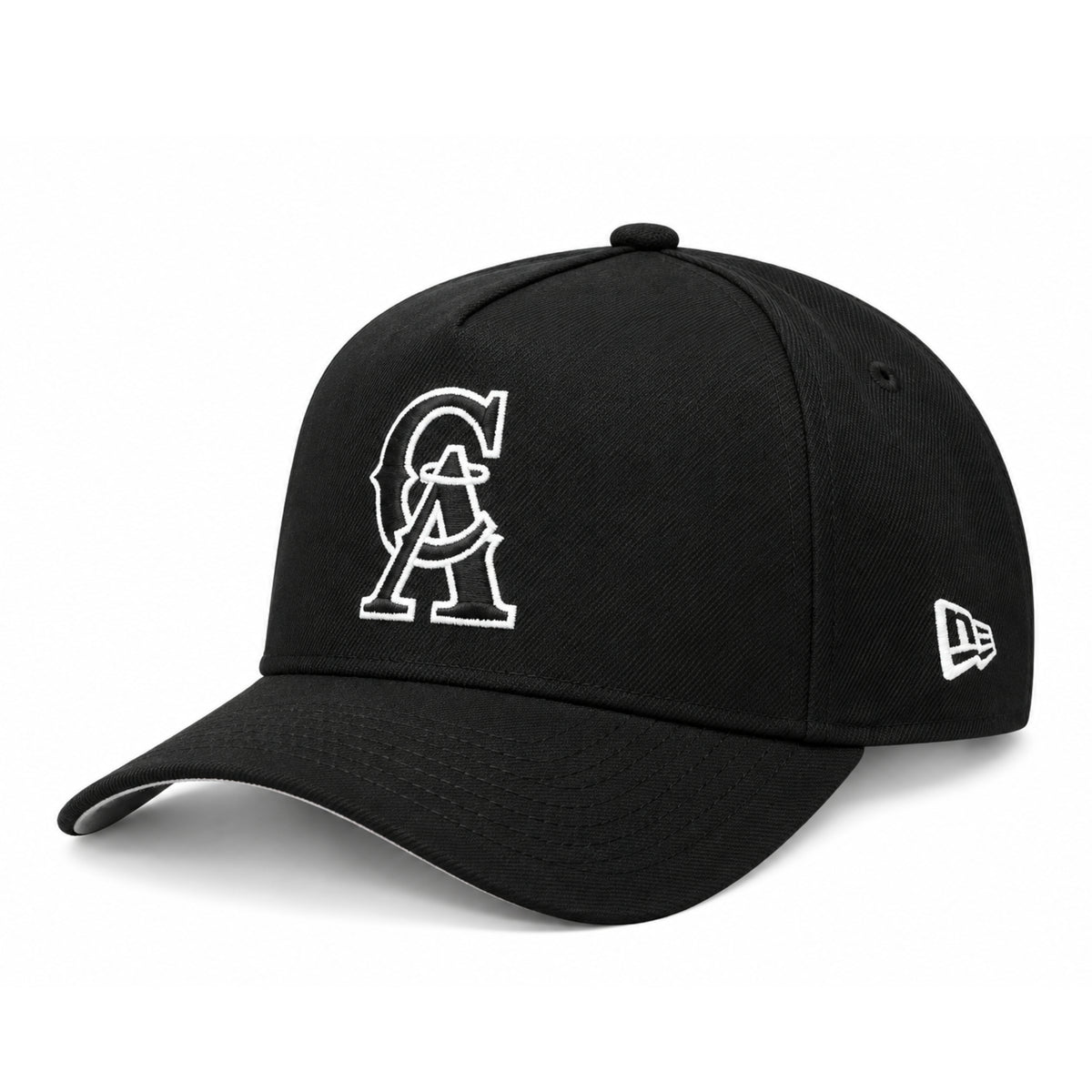 Opposite angle of New Era Los Angeles Angels black 9FORTY A-Frame snapback showing the white New Era flag and curved visor