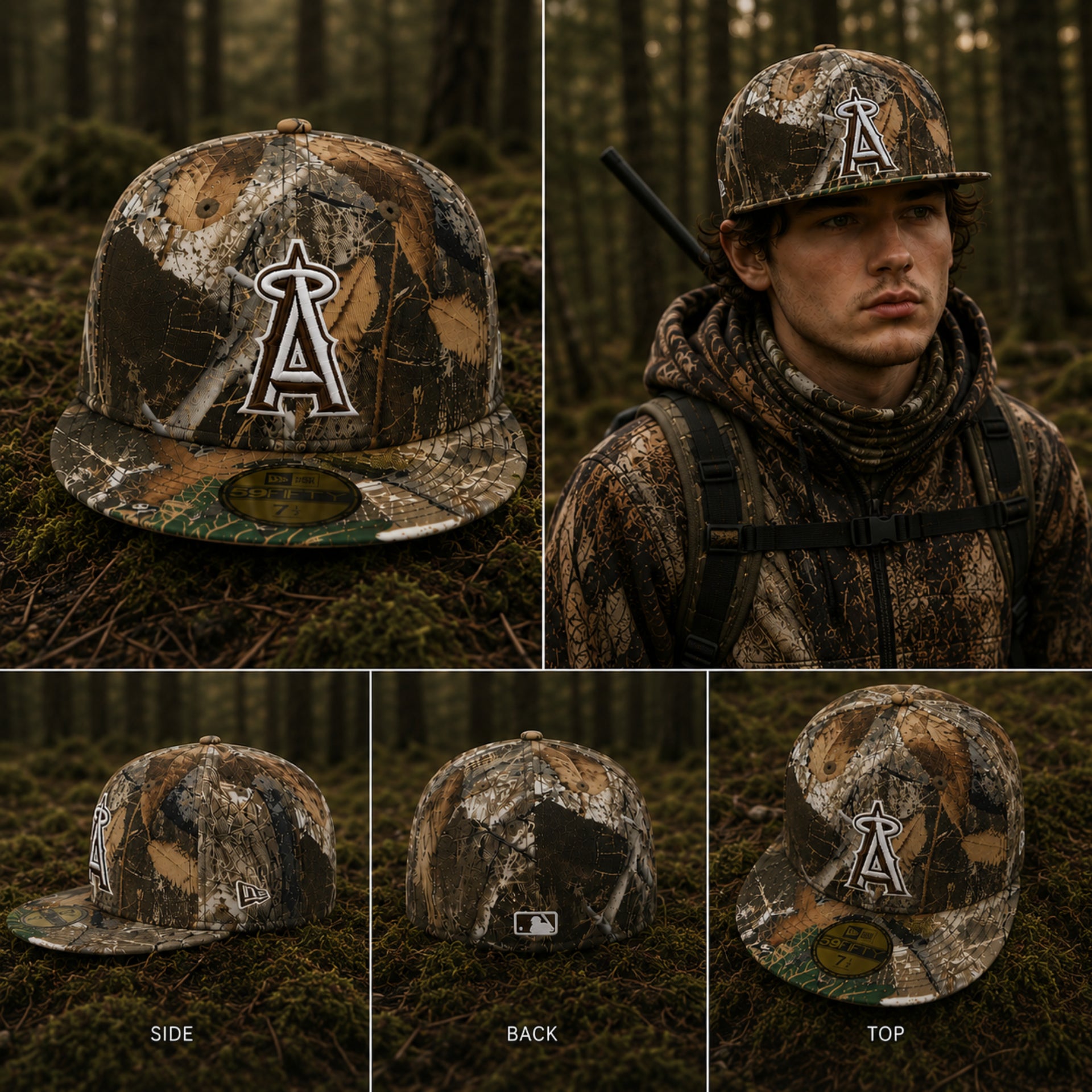 Camouflage baseball cap with logo in a forest setting