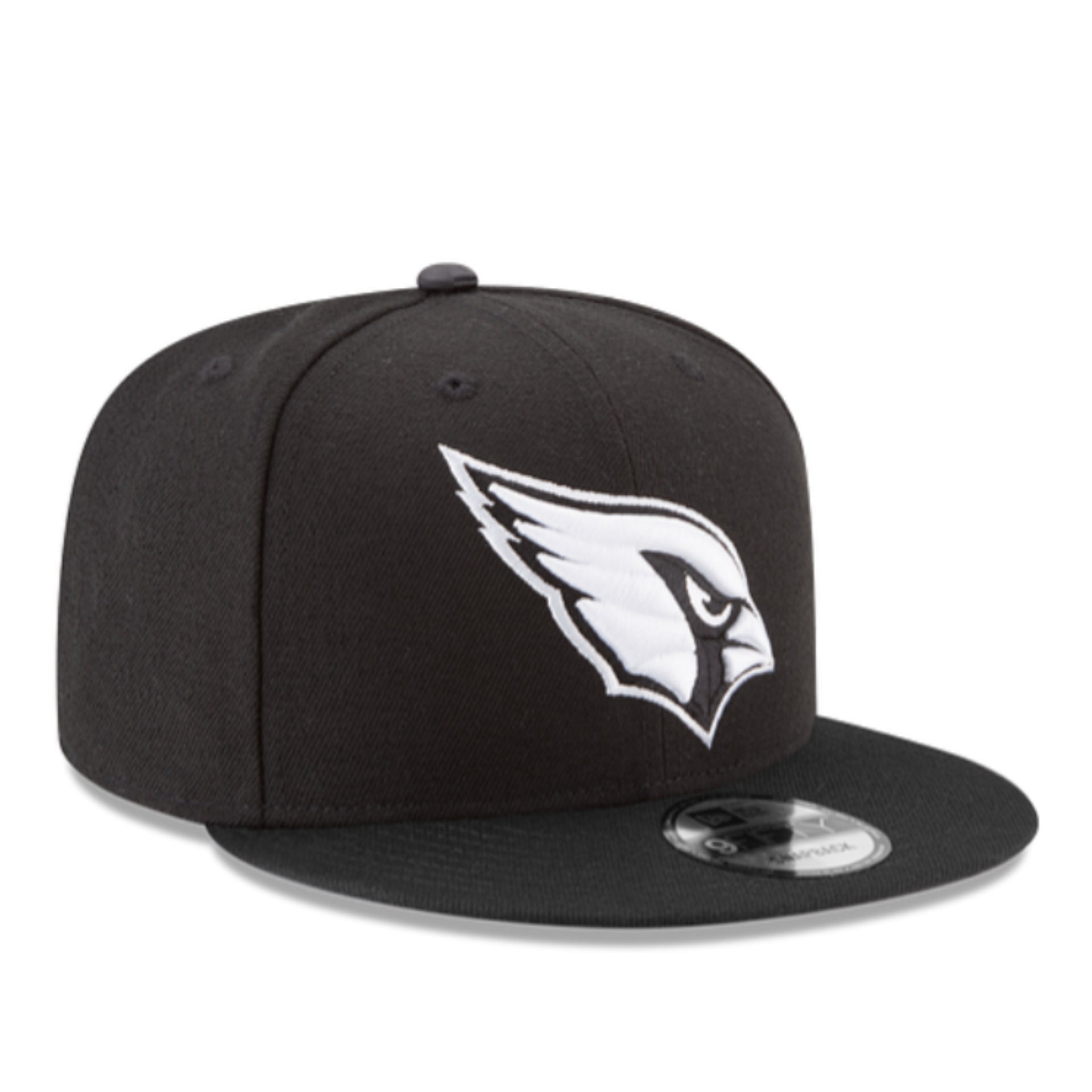 New Era Arizona Cardinals Black White 9FIFTY Snapback Hat front right angle view