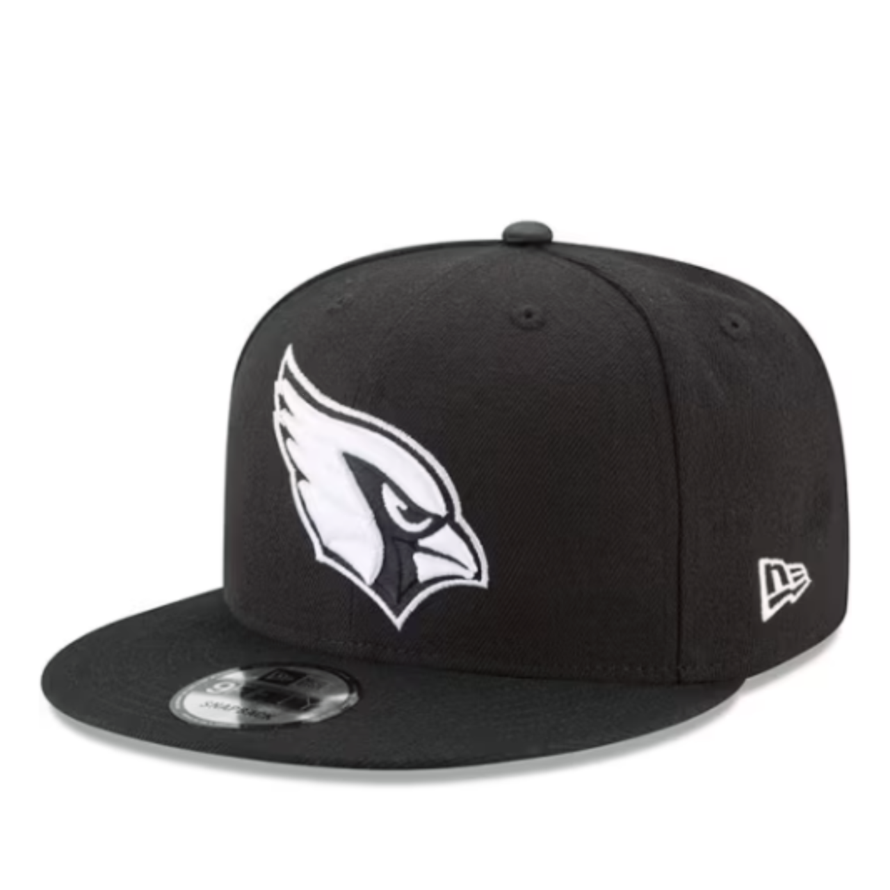New Era Arizona Cardinals Black White 9FIFTY Snapback Hat front left angle view