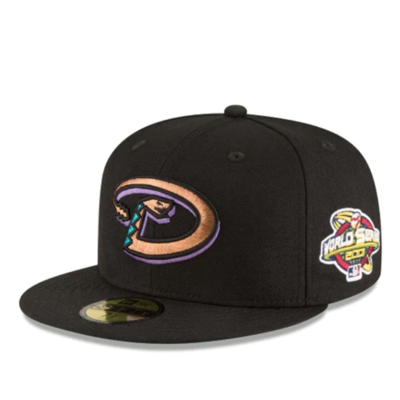 Front Side view of New Era Arizona Diamondbacks Black 59FIFTY Fitted Hat with 2001 World Series patch
