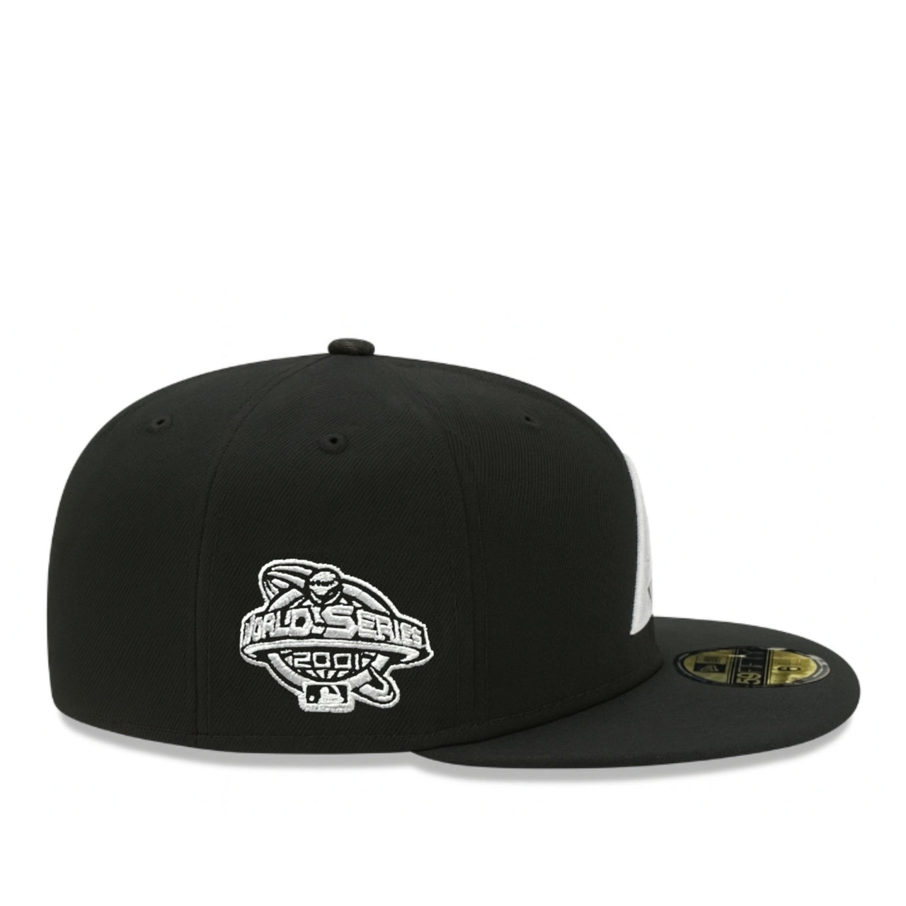 Side view of New Era Arizona Diamondbacks Black 59FIFTY Fitted Hat with 2001 World Series patch