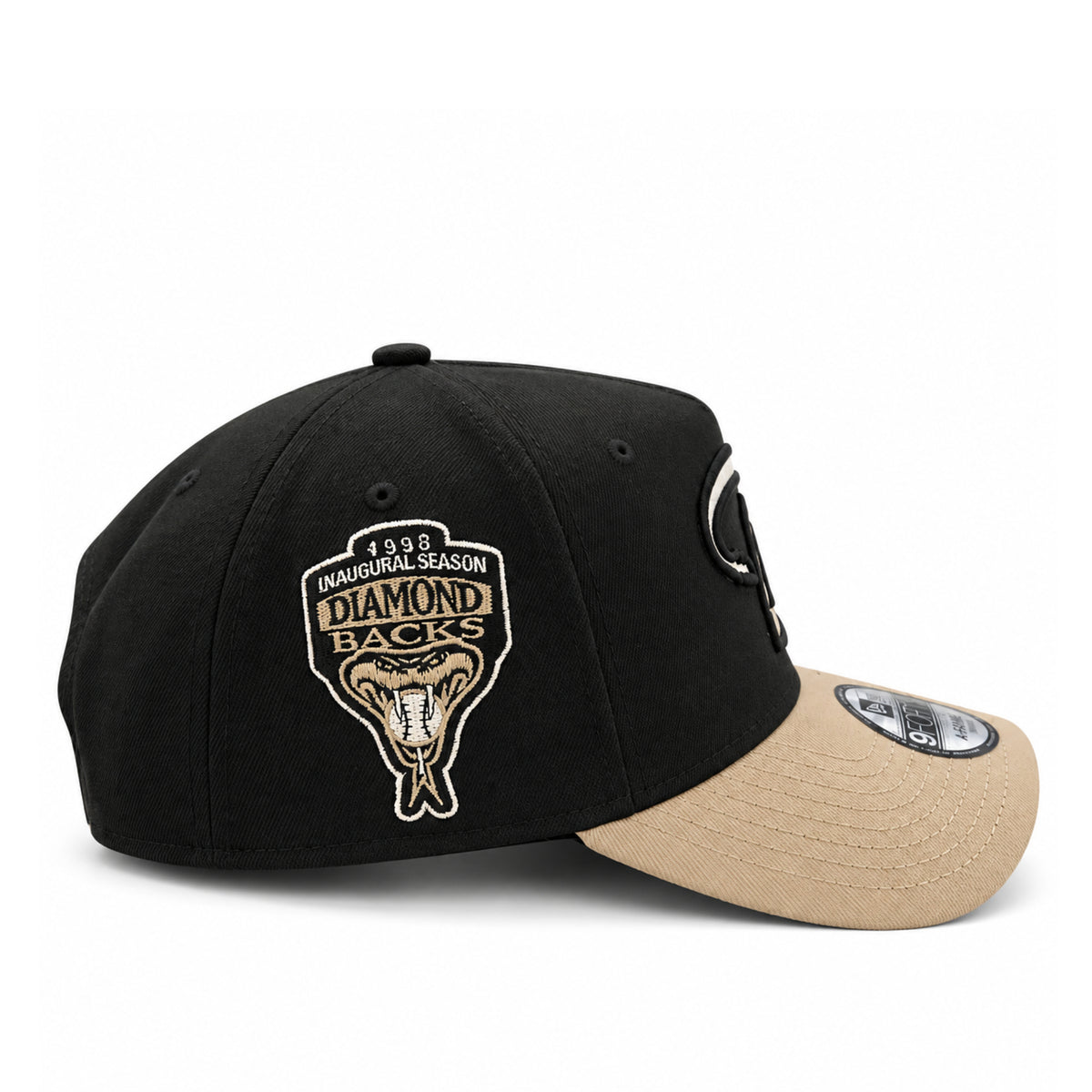 New Era Arizona Diamondbacks Black Khaki 1998 9FORTY A-Frame Snapback side patch view