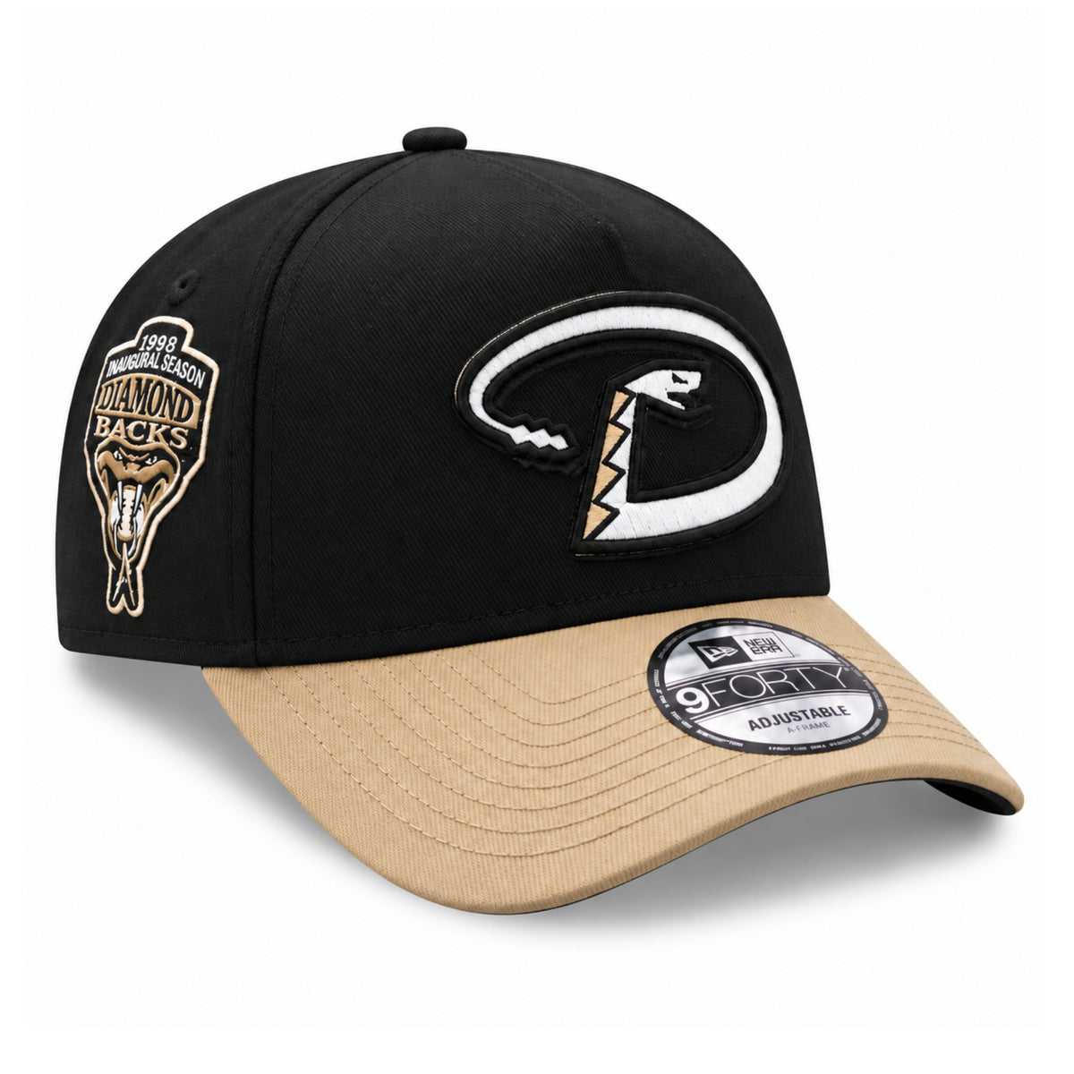 New Era Arizona Diamondbacks Black Khaki 1998 9FORTY A-Frame Snapback front angled view