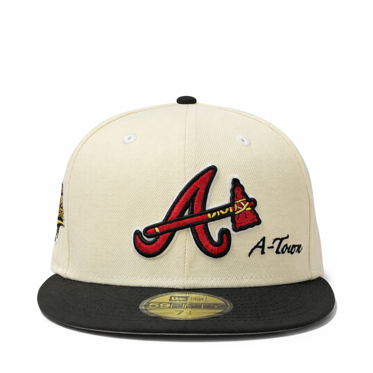 front view of New Era Atlanta Braves Tomahawks 1995 World Series 59FIFTY Fitted Hat Chrome Black
