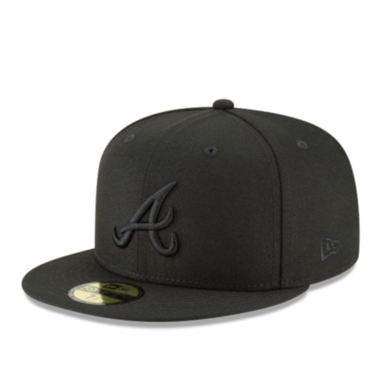 Front view of New Era Atlanta Braves 59FIFTY fitted hat in black on black with tonal embroidered A logo