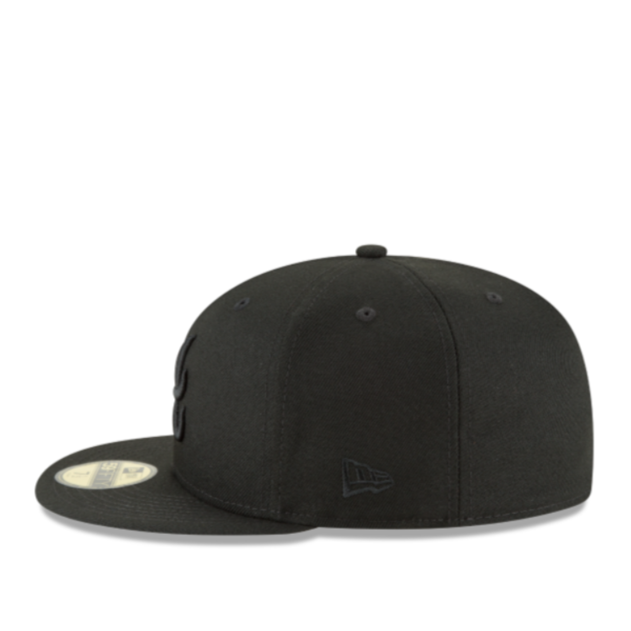 Side View of New Era Atlanta Braves Black on Black 59Fifty Fitted Hat