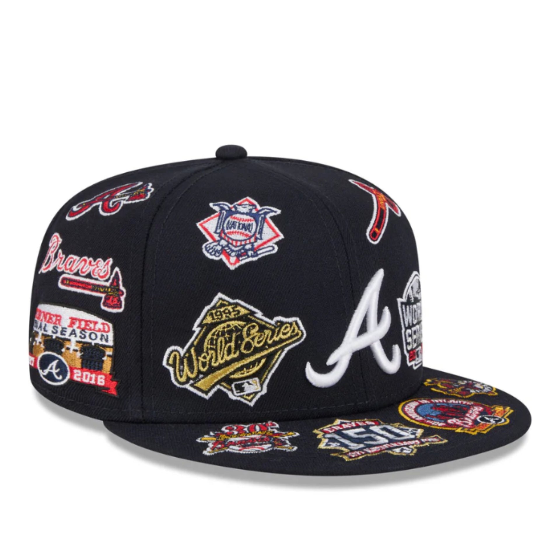 New Era Atlanta Braves All Over Logo 59FIFTY Fitted Hat - Navy front right view