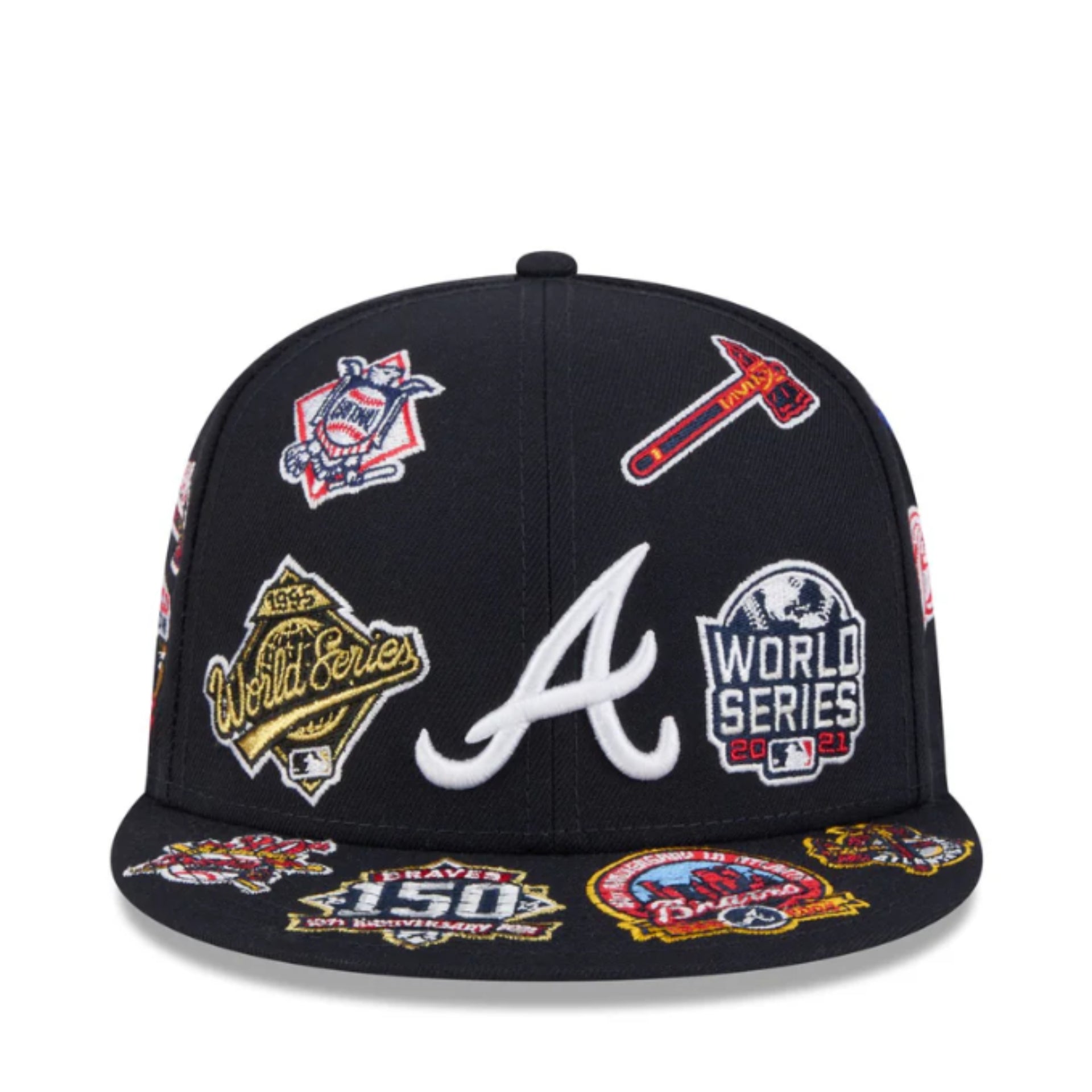 New Era Atlanta Braves All Over Logo 59FIFTY Fitted Hat - Navy front view