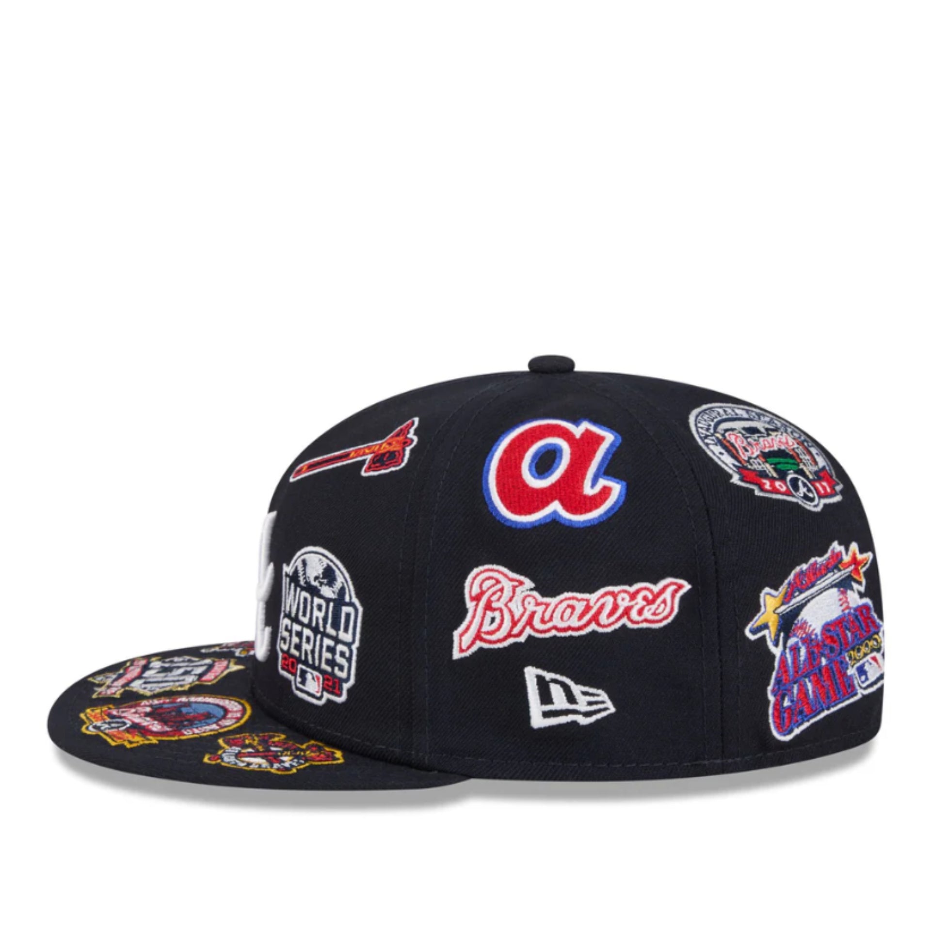 New Era Atlanta Braves All Over Logo 59FIFTY Fitted Hat - Navy left side view