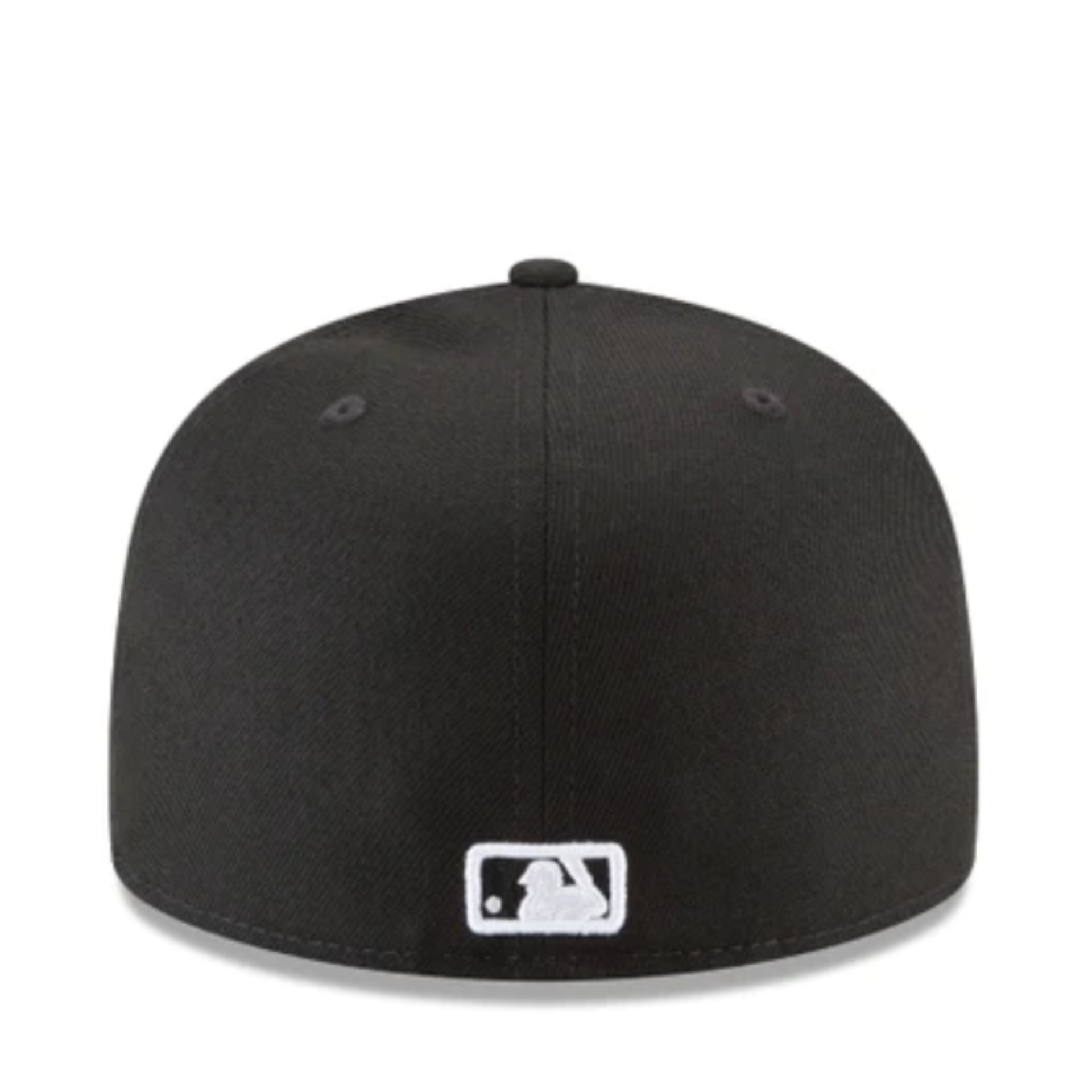 Back View of Side View of Front View of New Era Atlanta Braves Black Black White Outlined 59FIFTY Fitted Hat