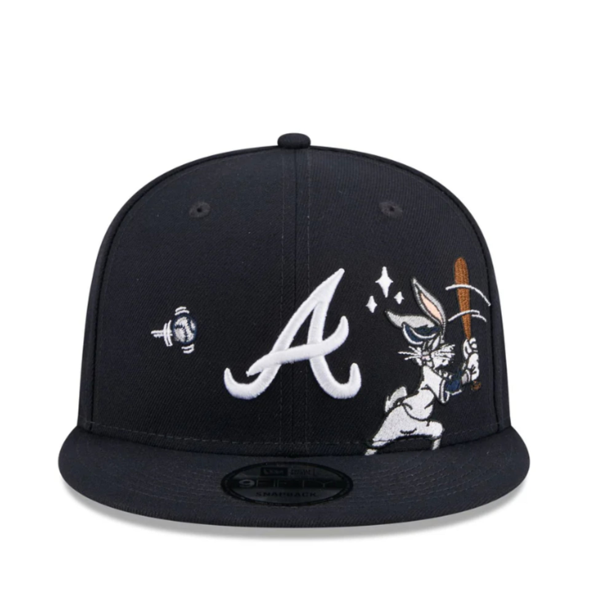 Black cap with white logo and cartoon character on a white background