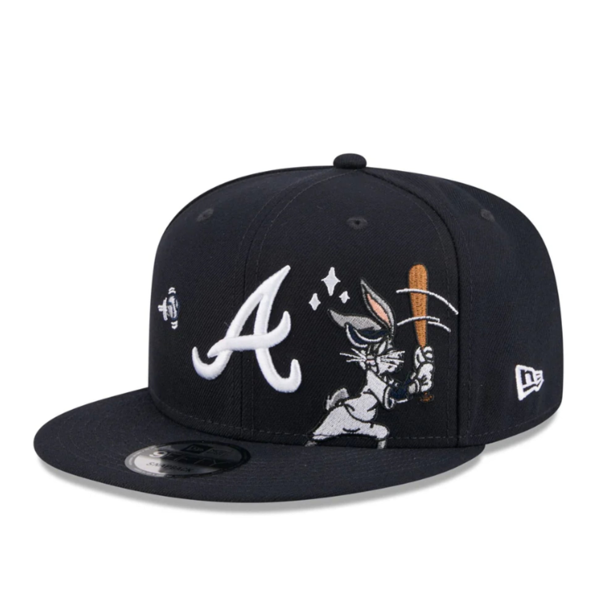 Black baseball cap with a logo and bugs bunny swing character design on a white background