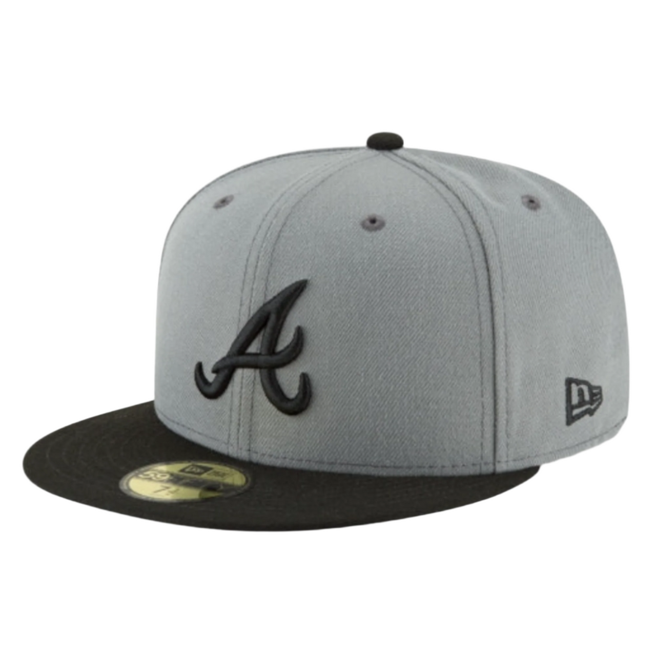 Front Side view of New Era Atlanta Braves Charcoal Black 2-Tone 59FIFTY Fitted Hat