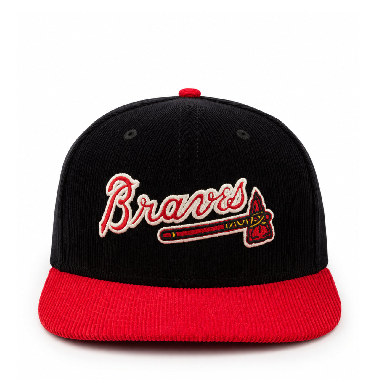 New Era Atlanta Braves Corduroy Navy Red 9FIFTY Snapback Hat front view