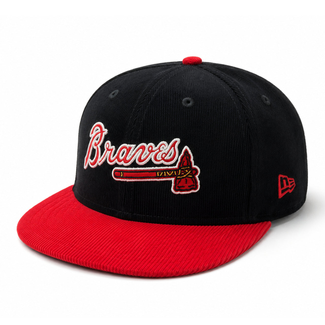 New Era Atlanta Braves Corduroy Navy Red 9FIFTY Snapback Hat front angle view