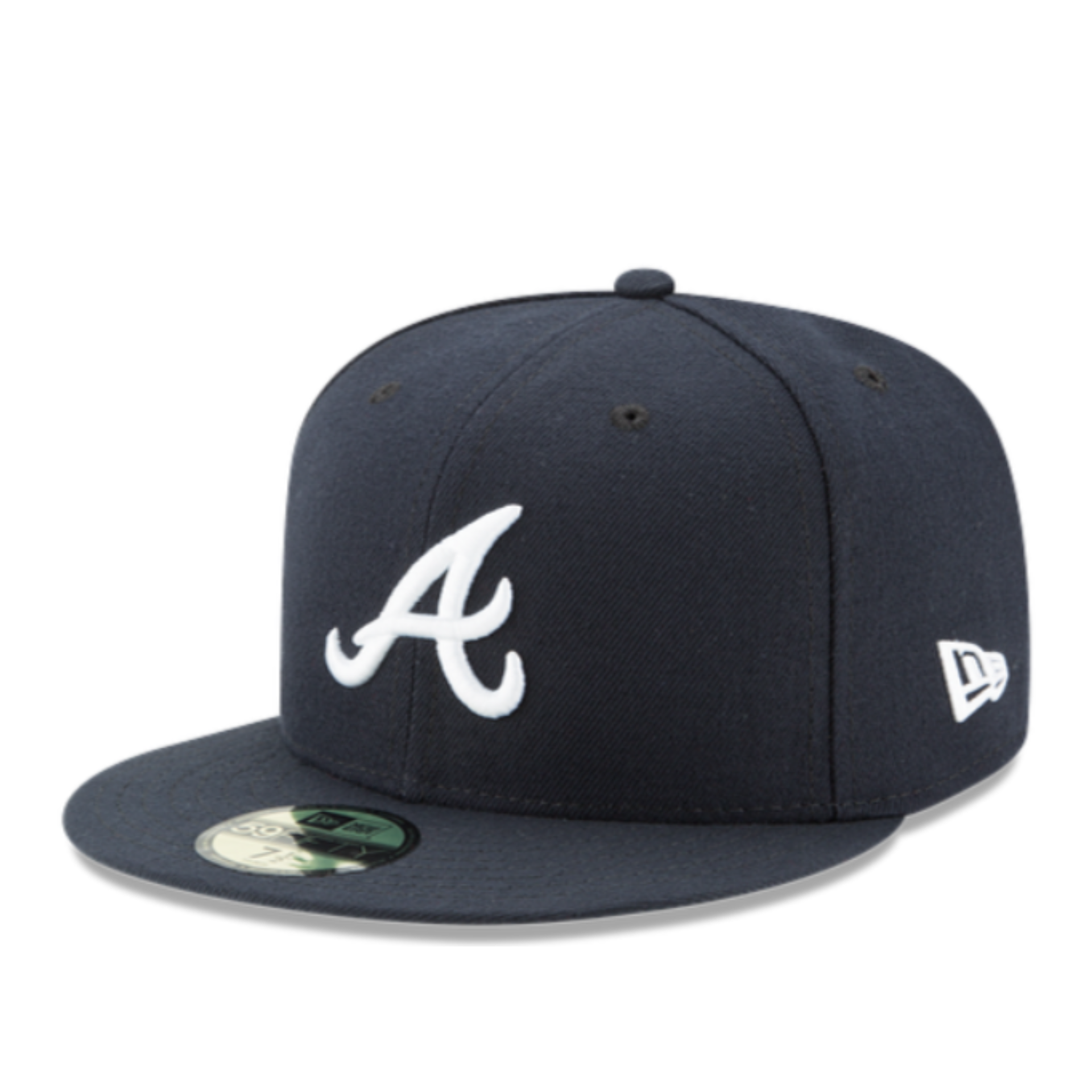 Front view of New Era Atlanta Braves Navy White 59FIFTY fitted hat