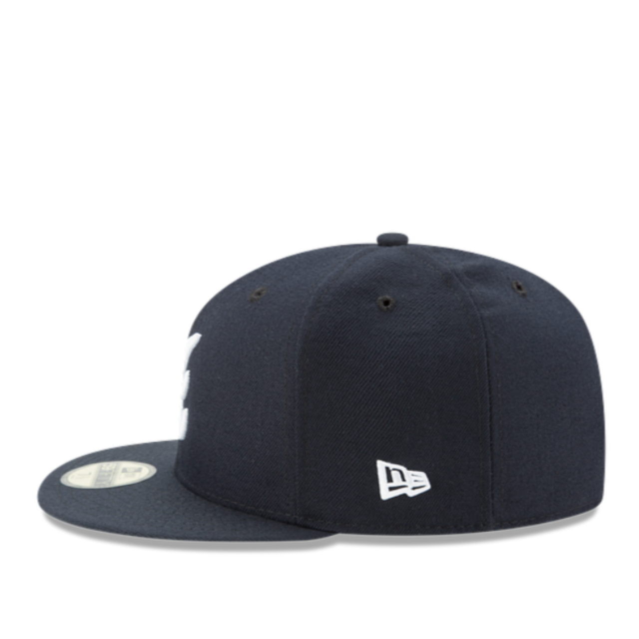 Side View of Front View of New Era Atlanta Braves Navy White 59FIFTY Fitted Hat