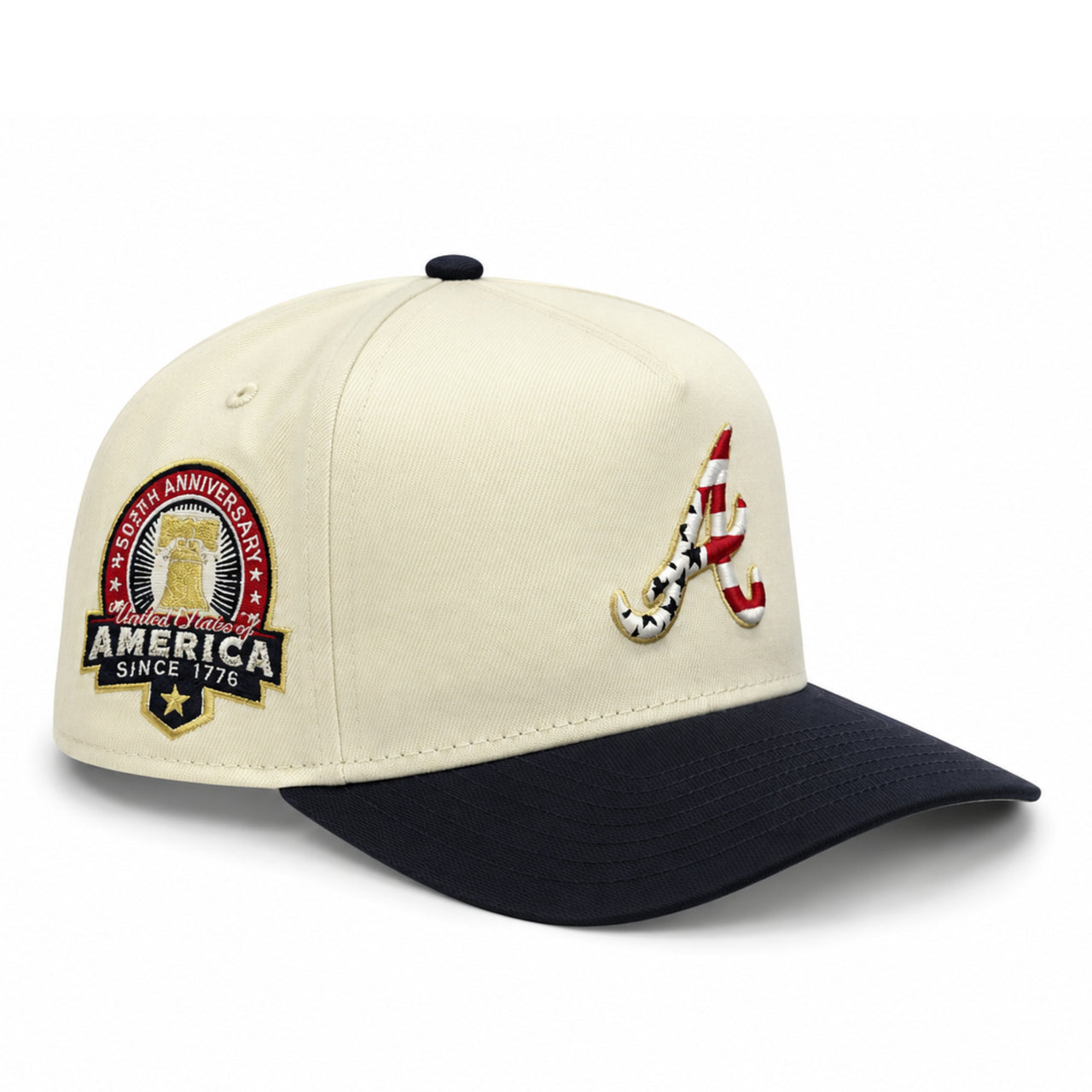 New Era Atlanta Braves USA 250th Anniversary 9FIFTY A-Frame snapback hat with cream crown, navy visor, and patriotic Braves logo
