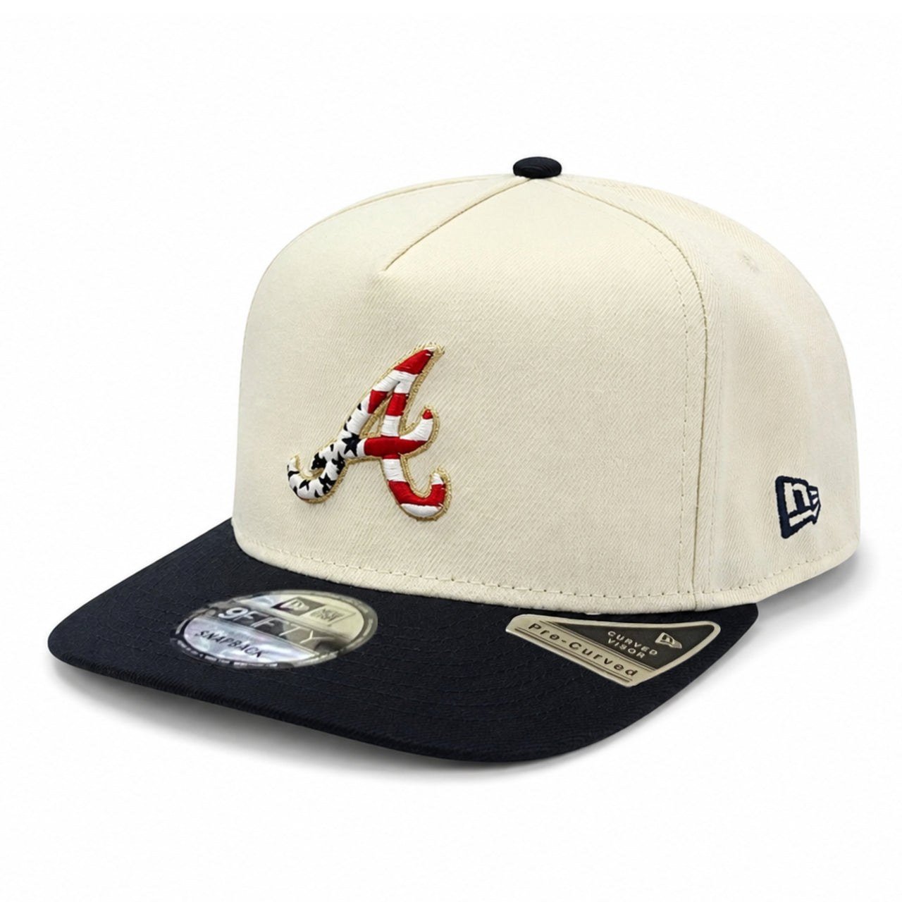 New Era Atlanta Braves USA 250th Anniversary 9FIFTY A-Frame snapback hat with cream crown, navy visor, and patriotic Braves side logo