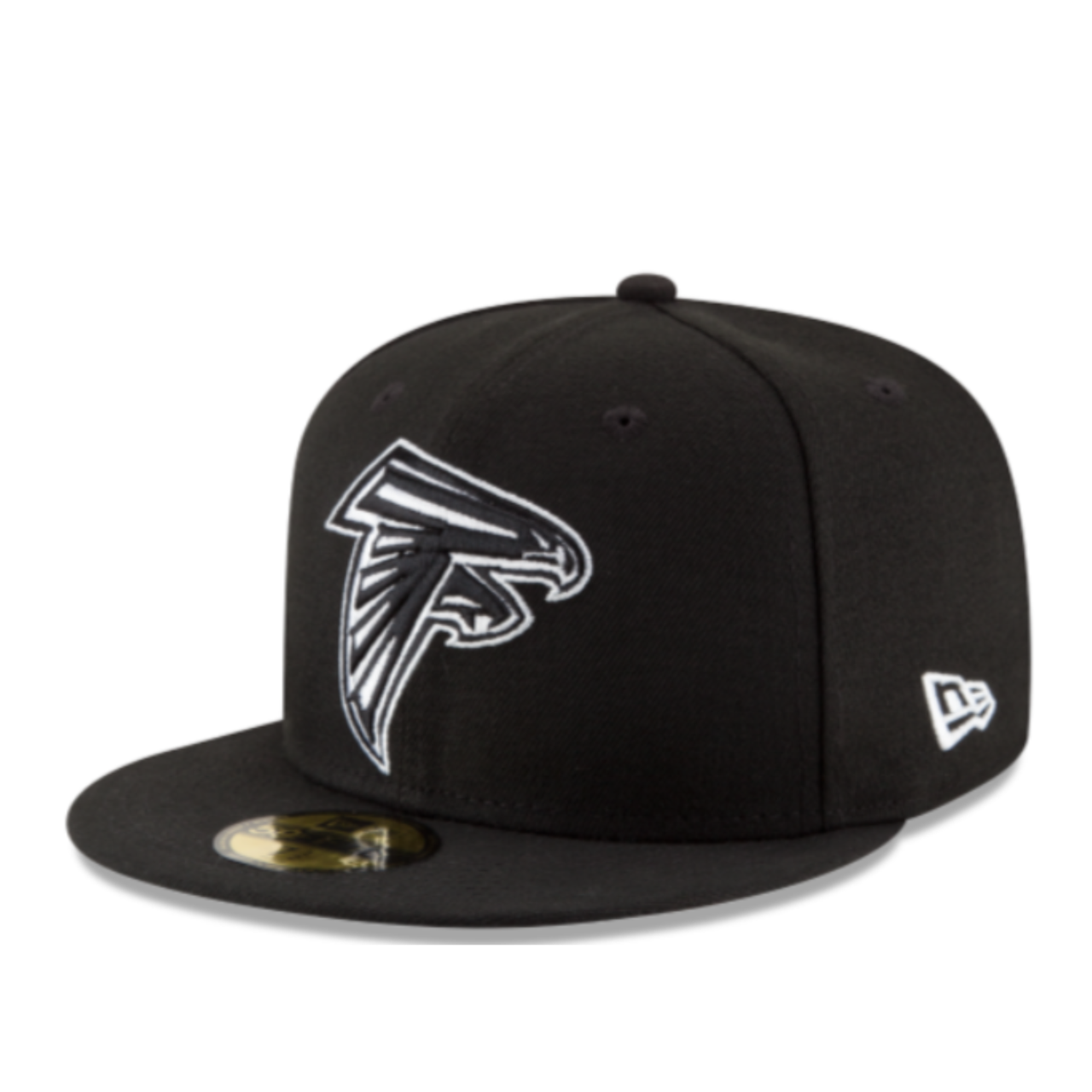 Front view of New Era Atlanta Falcons Black and White 59FIFTY Fitted Hat with embroidered Falcons logo