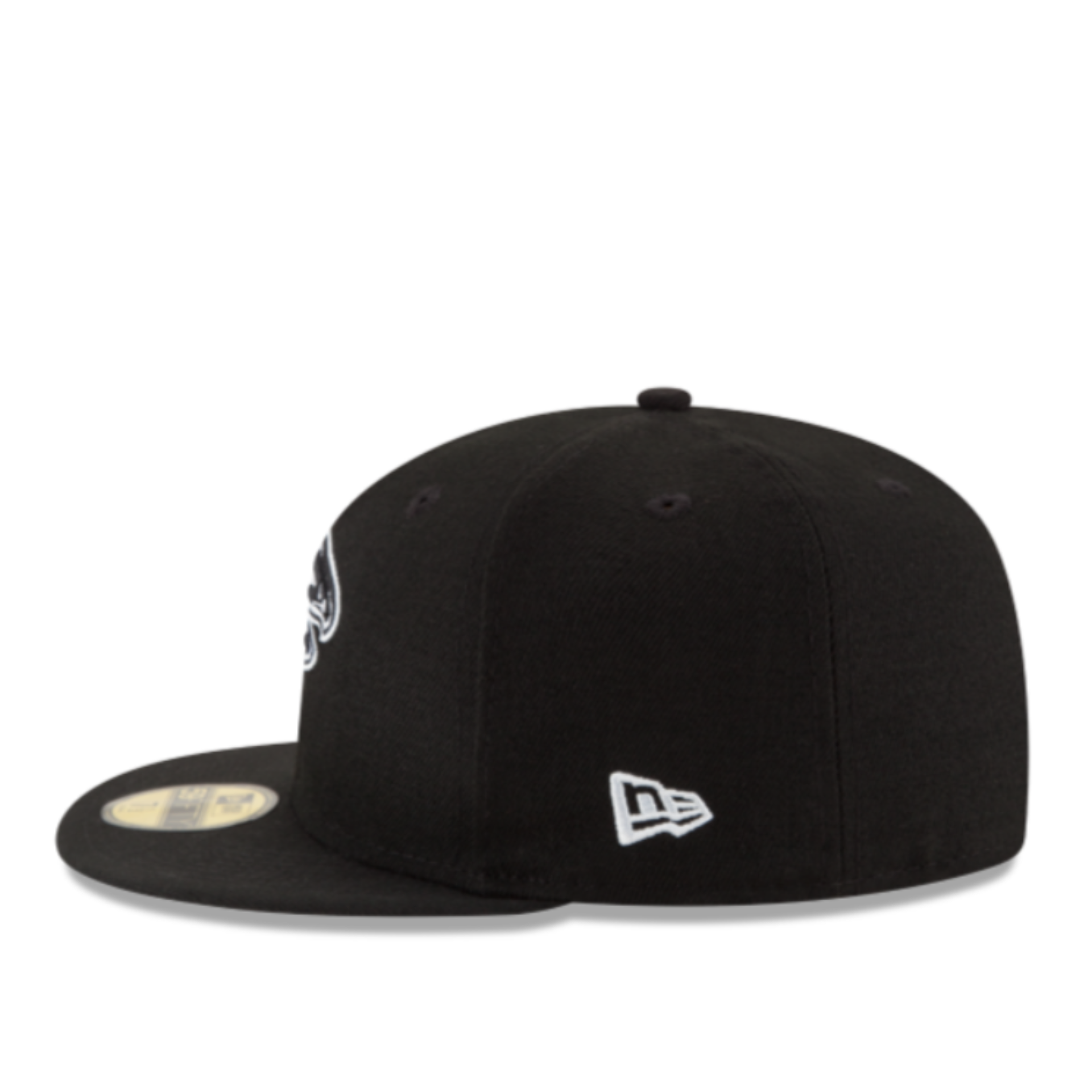 Side view of New Era Atlanta Falcons Black and White 59FIFTY Fitted Hat with New Era flag logo