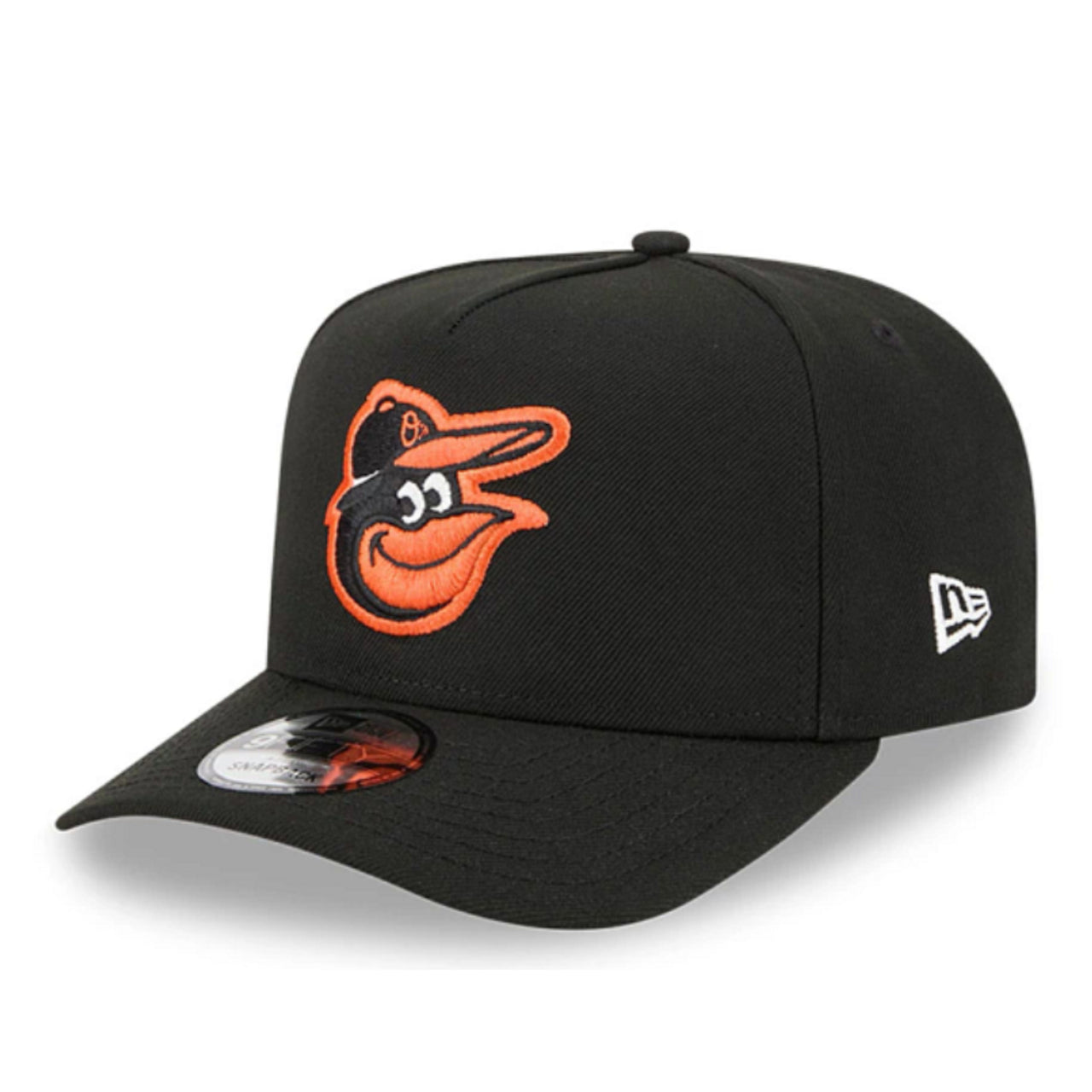 New Era Baltimore Orioles Black 9FIFTY A-Frame Snapback Hat front angle view