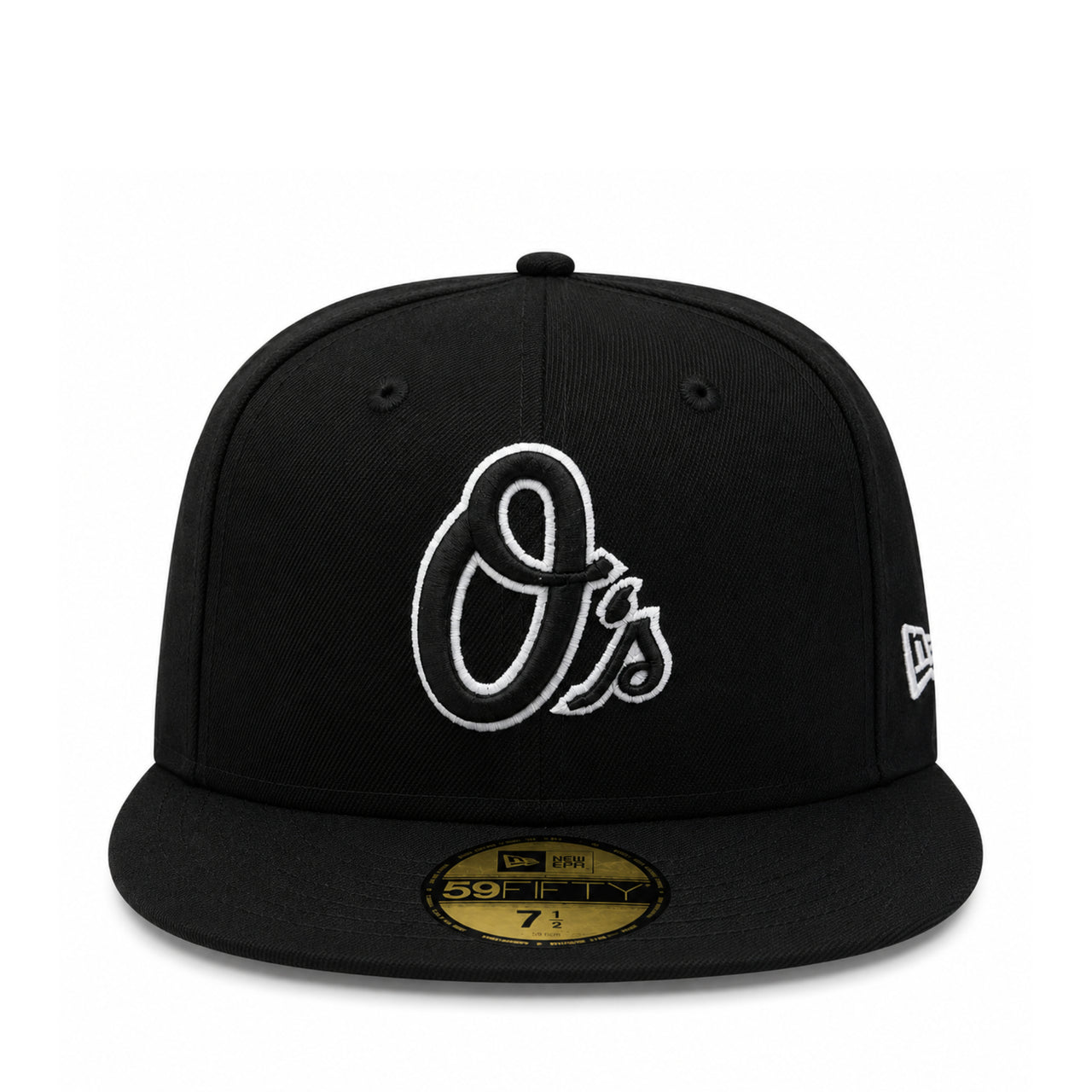 New Era Baltimore Orioles O's 59FIFTY Fitted Hat Black Black White Outlined front view