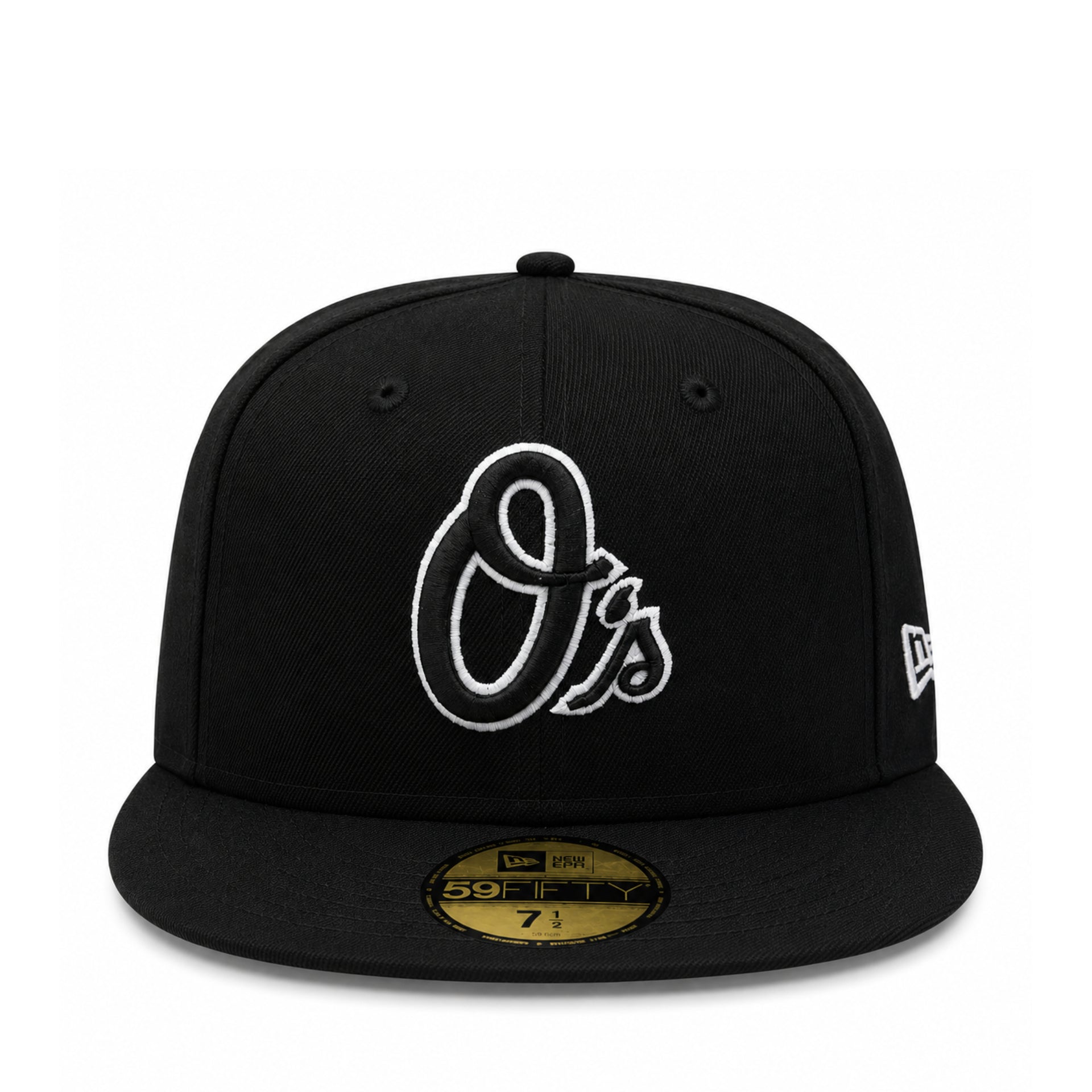 New Era Baltimore Orioles O's 59FIFTY Fitted Hat Black Black White Outlined front view