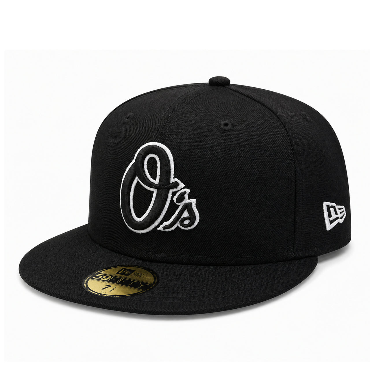 New Era Baltimore Orioles O's 59FIFTY Fitted Hat Black Black White Outlined front side view