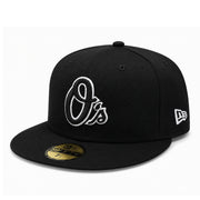 New Era Baltimore Orioles O's 59FIFTY Fitted Hat Black Black White Outlined front side view