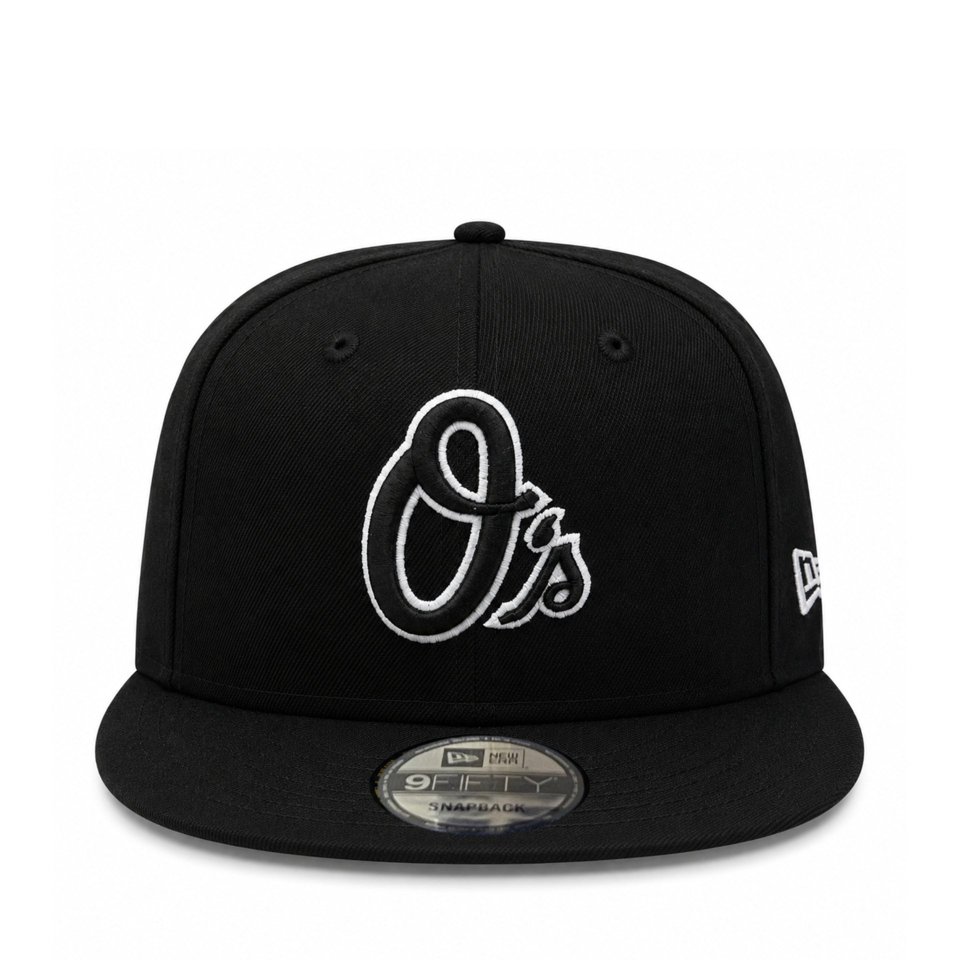 New Era Baltimore Orioles O's Black White Outlined 9FIFTY Snapback Hat front view