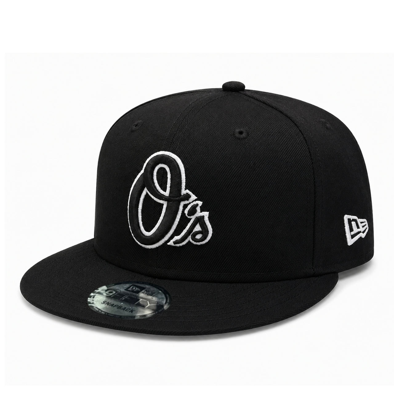 New Era Baltimore Orioles O's Black White Outlined 9FIFTY Snapback Hat front side view