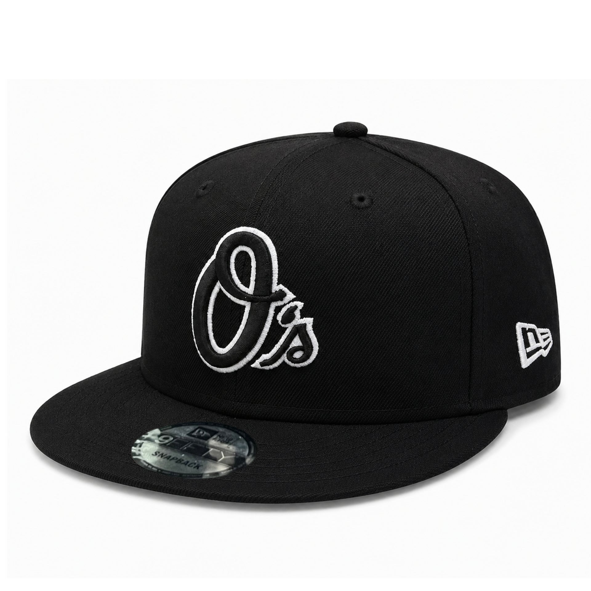 New Era Baltimore Orioles O's Black White Outlined 9FIFTY Snapback Hat front side view