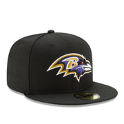 New Era Baltimore Ravens Black 59FIFTY Fitted Hat front right angle view