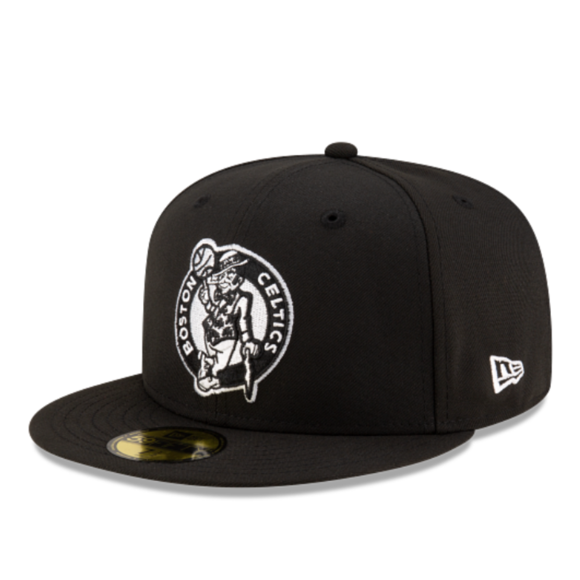 Front view of New Era Boston Celtics black 59FIFTY fitted hat with white logo