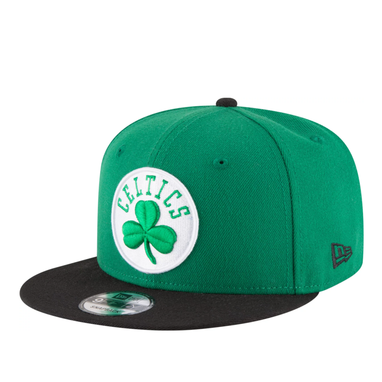 New Era Boston Celtics Green Black 9FIFTY Snapback Hat front left angle view