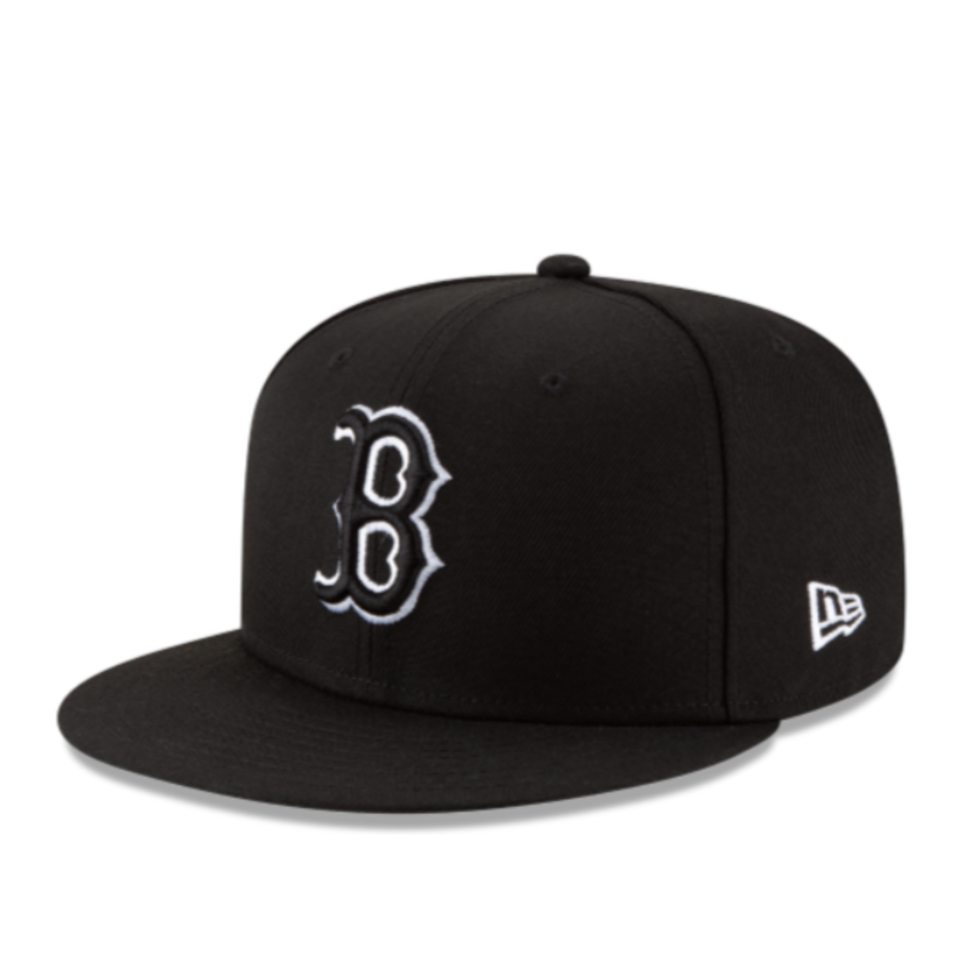 Front view of New Era Boston Red Sox 59FIFTY fitted black hat with black logo and white outline