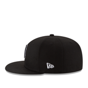 Side view of New Era Boston Red Sox 59FIFTY fitted black hat