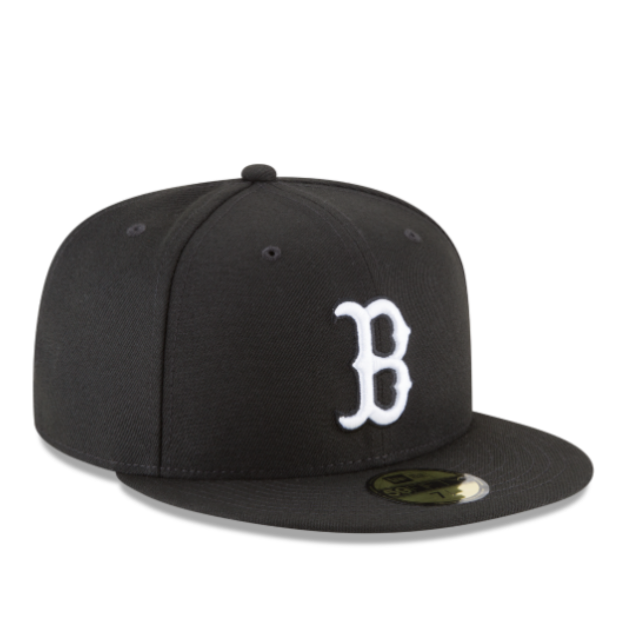 Front side view of New Era Boston Red Sox 59FIFTY fitted hat in black with white logo