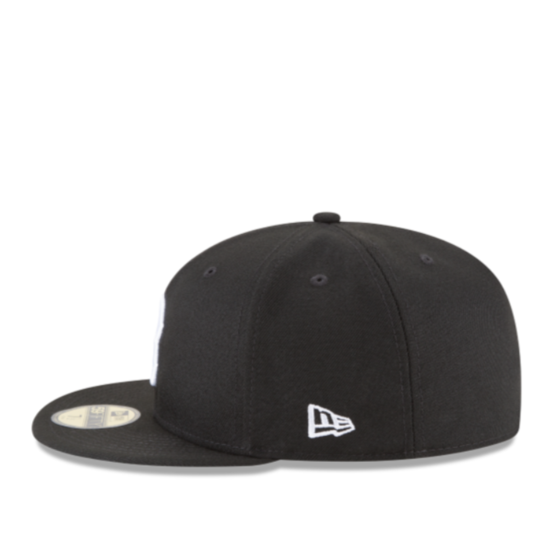 Side view of New Era Boston Red Sox 59FIFTY fitted black hat