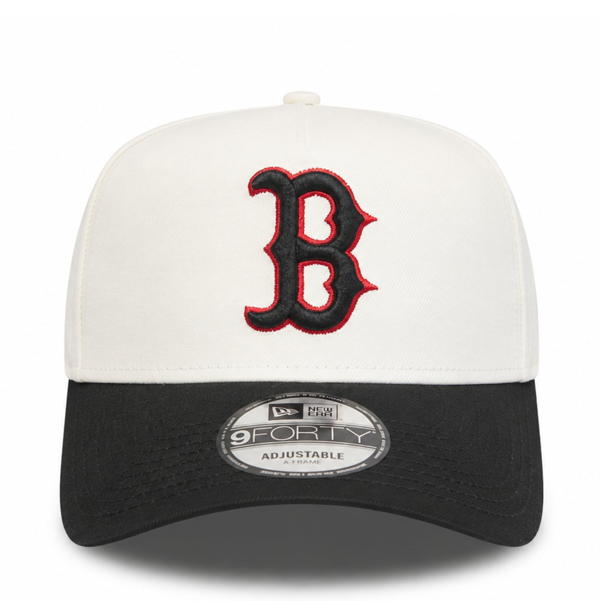 front view of New Era Boston Red Sox A-Frame 9FORTY Snapback in chrome black with embroidered Red Sox logo, black curved visor, and adjustable snapback closure.