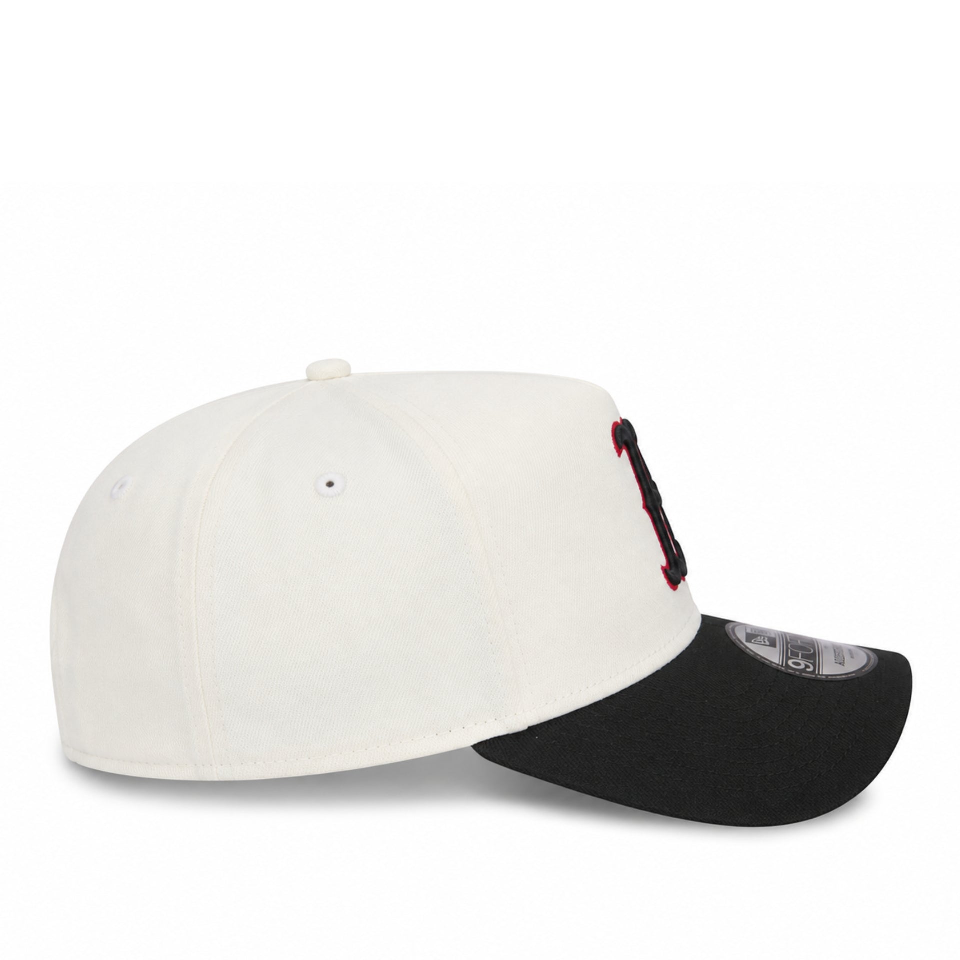 side view of New Era Boston Red Sox A-Frame 9FORTY Snapback in chrome black with embroidered Red Sox logo, black curved visor, and adjustable snapback closure.