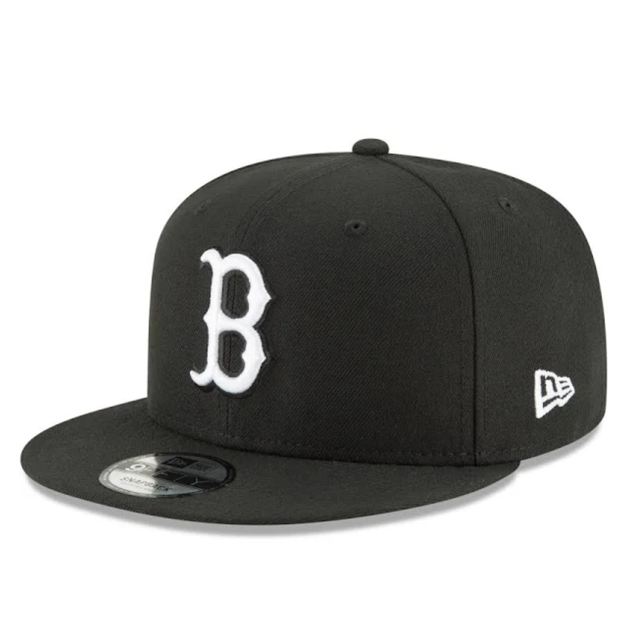 New Era Boston Red Sox black 9FIFTY snapback hat front view with white logo