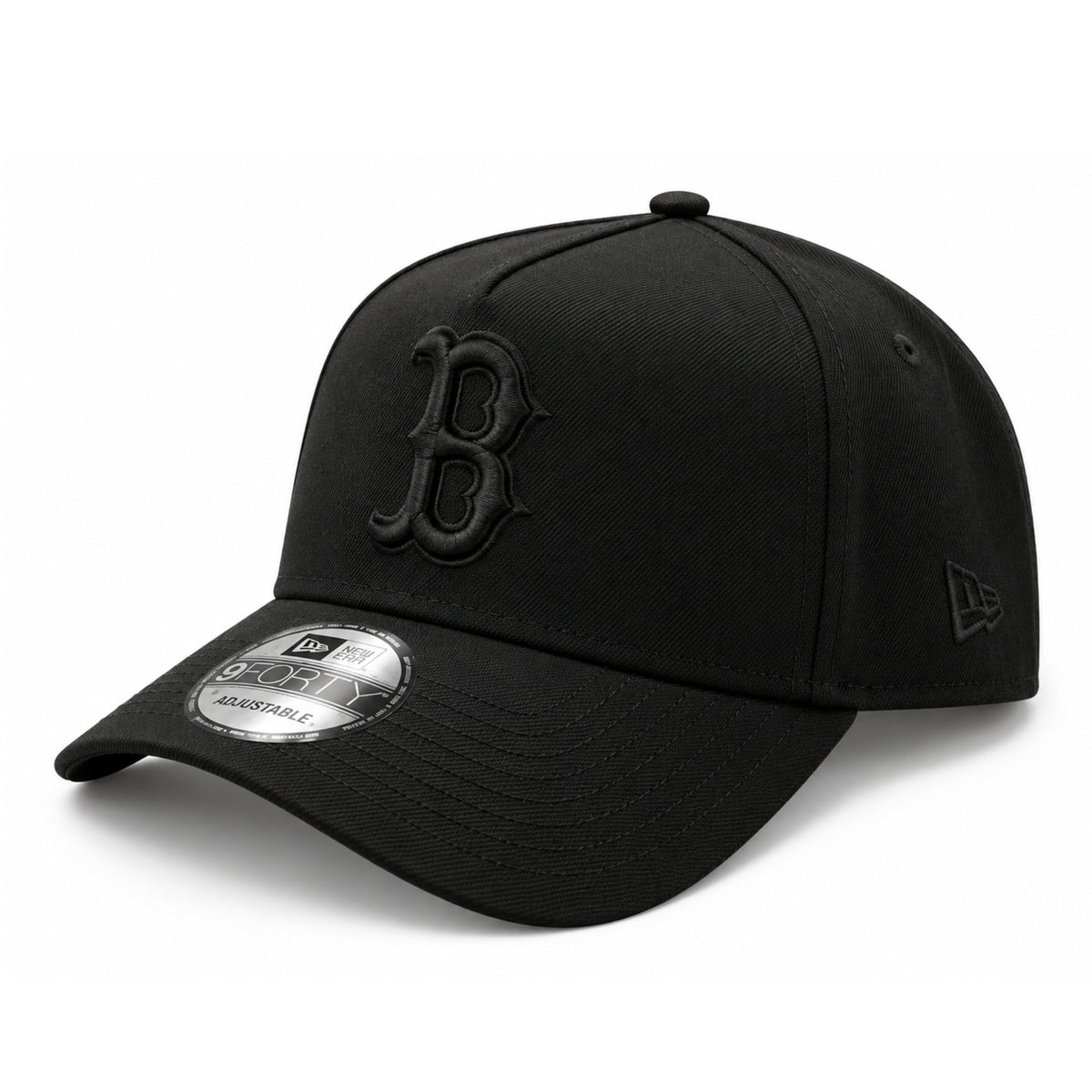 New Era Boston Red Sox Black on Black A-Frame 9FORTY Snapback Hat front angled view