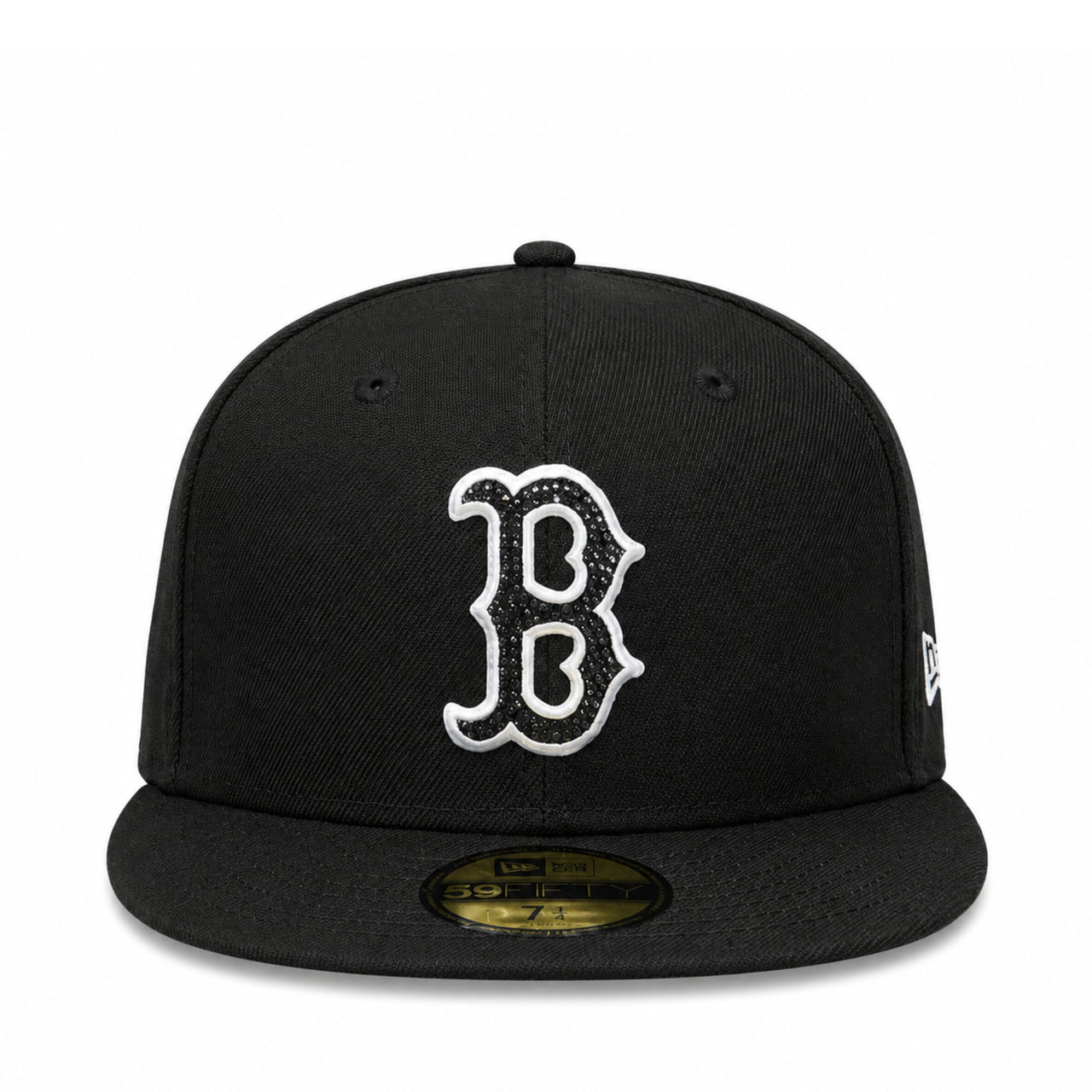 A black fitted baseball cap with a white embroidered Boston Red Sox 'B' logo on the front and a gold New Era 59FIFTY sticker on the visor, shown against a plain white background.