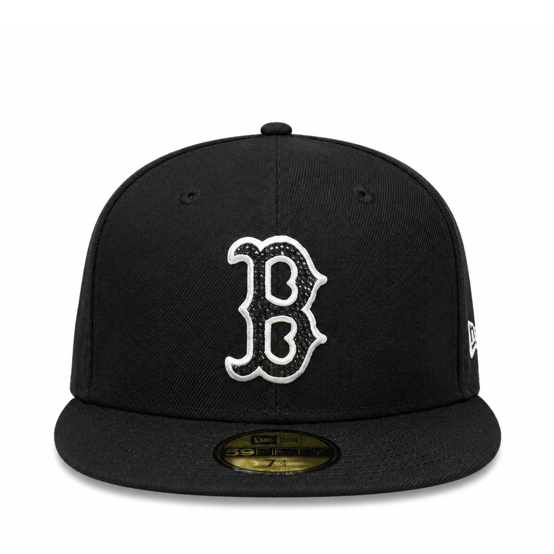 A black fitted baseball cap with a white embroidered Boston Red Sox 'B' logo on the front and a gold New Era 59FIFTY sticker on the visor, shown against a plain white background.
