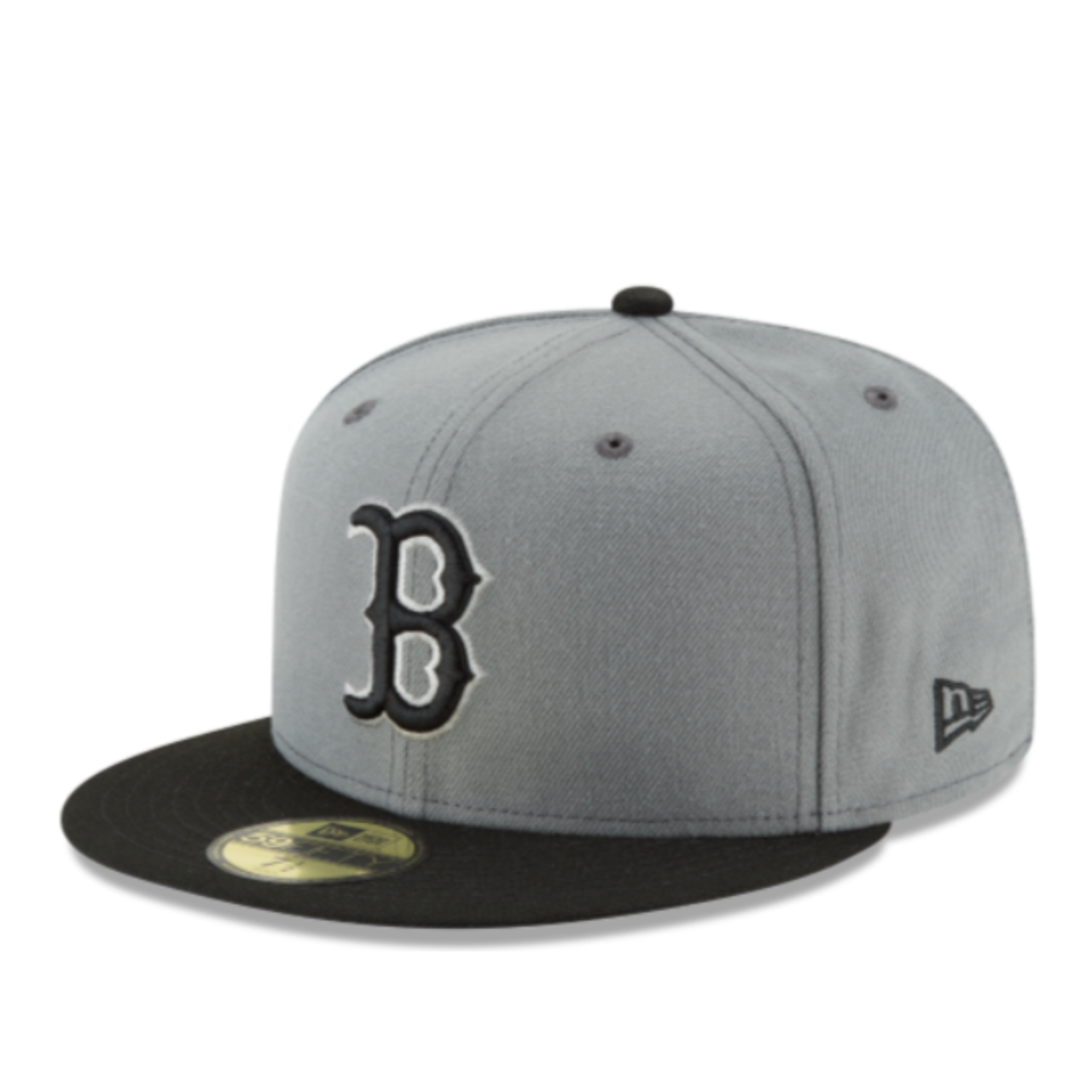 Front view of New Era Boston Red Sox charcoal 59FIFTY fitted hat with black logo