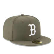 Front view of New Era Boston Red Sox olive 59FIFTY fitted hat with white logo