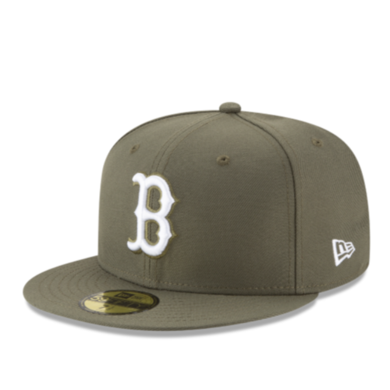 Front side view of New Era Boston Red Sox olive 59FIFTY fitted hat with white logo